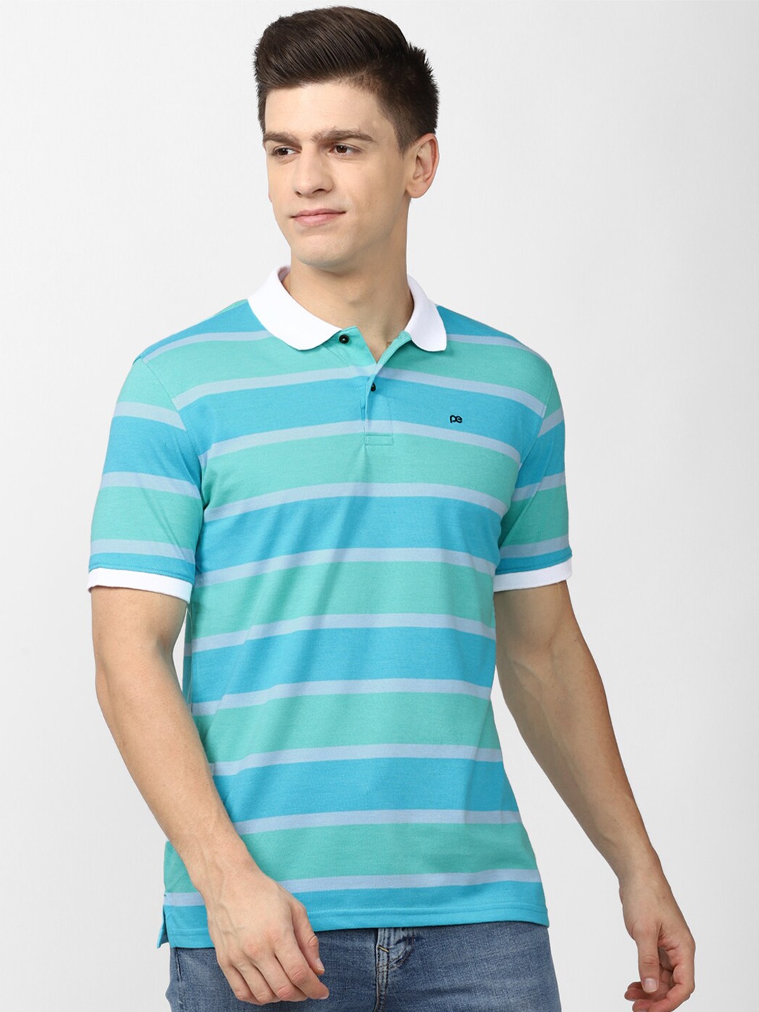 

Peter England Casuals Men Blue & Green Striped Polo Collar T-shirt