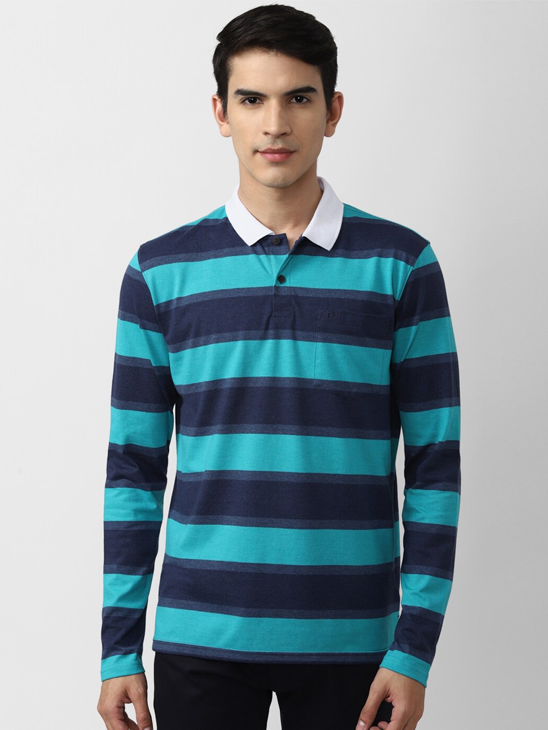 

Peter England Casuals Men Navy Blue & Teal Striped Polo Collar T-shirt