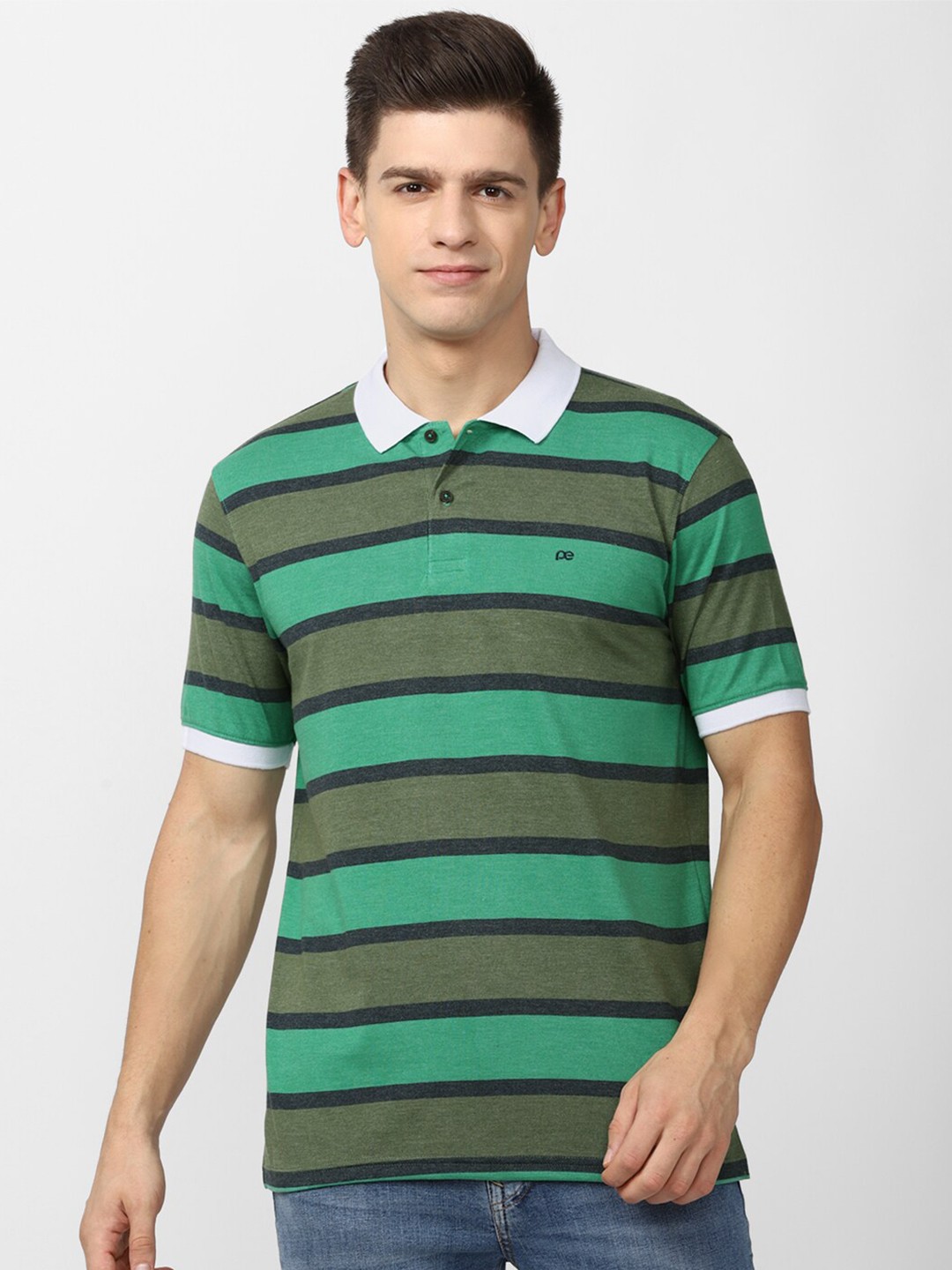 

Peter England Casuals Men Green & Olive Green Striped Polo Collar T-shirt
