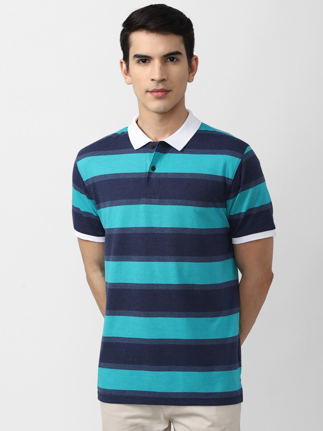 

Peter England Casuals Men Navy Blue & Teal Striped Polo Collar T-shirt