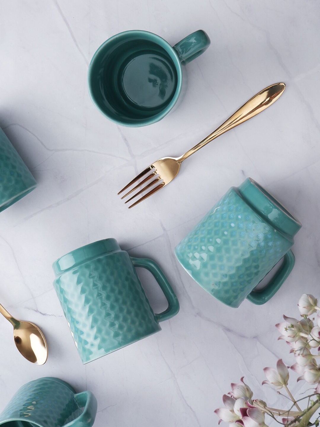 

THE WHITE INK DECOR Sea Green Dishwasher & Microwave Safe Ceramic Glossy Mugs 250 ml