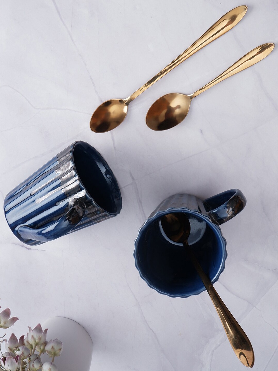 

THE WHITE INK DECOR Blue Dishwasher & Microwave Safe Ceramic Glossy Mugs 300 ml