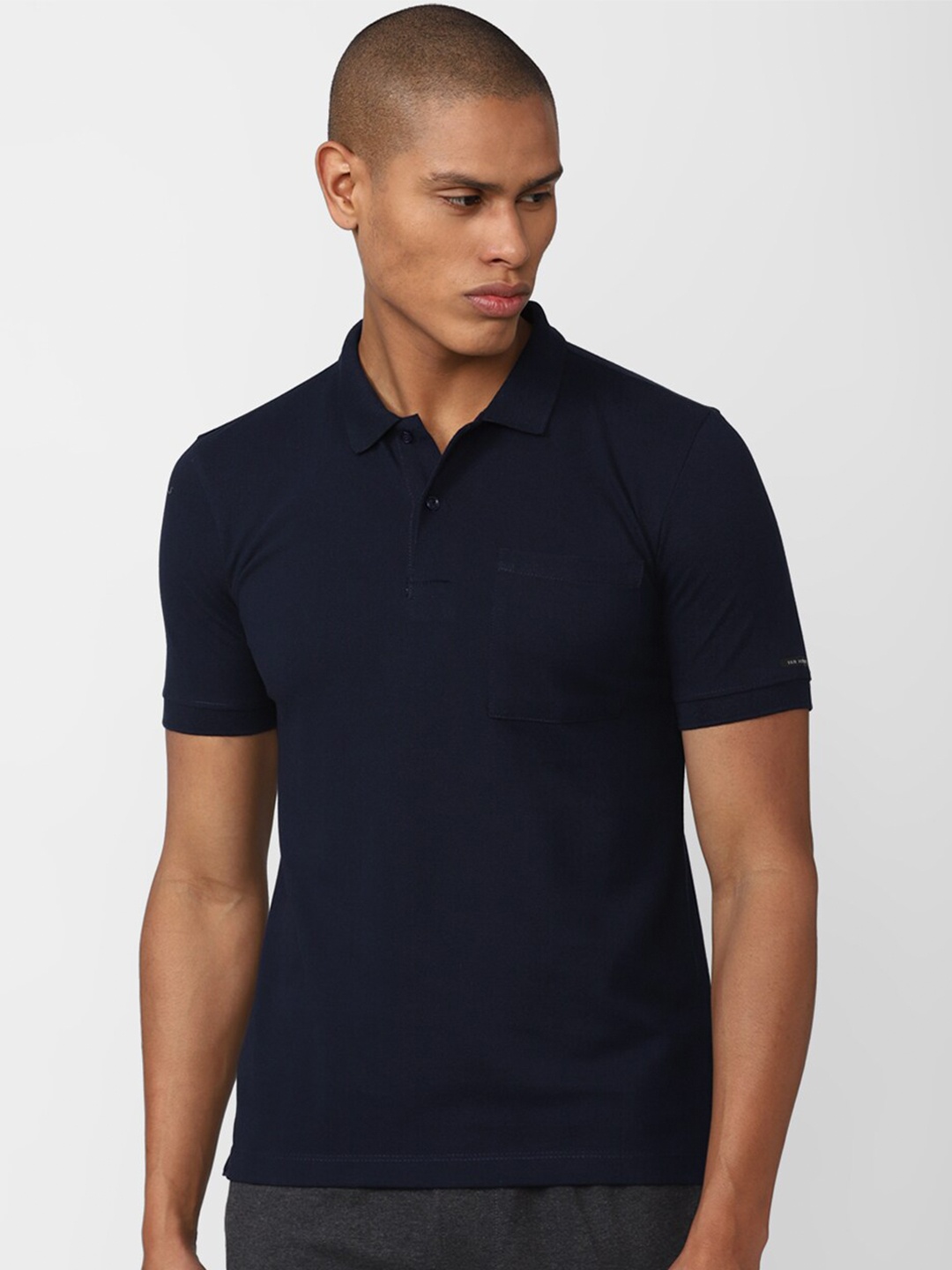 

Van Heusen Flex Men Navy Blue Solid Polo Collar Sports T-shirt