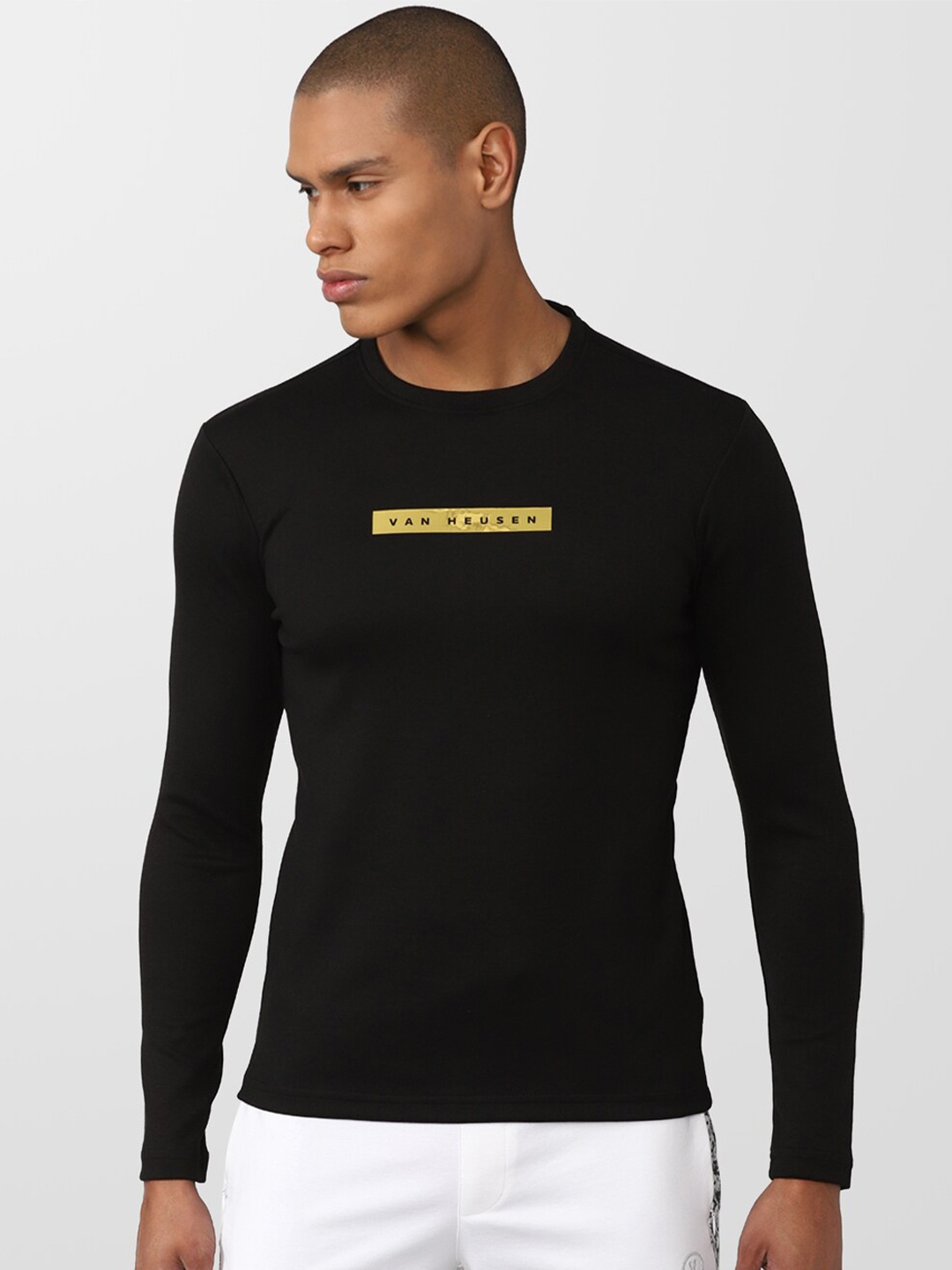 

Van Heusen Flex Men Black Typography Printed Slim Fit Yoga T-shirt
