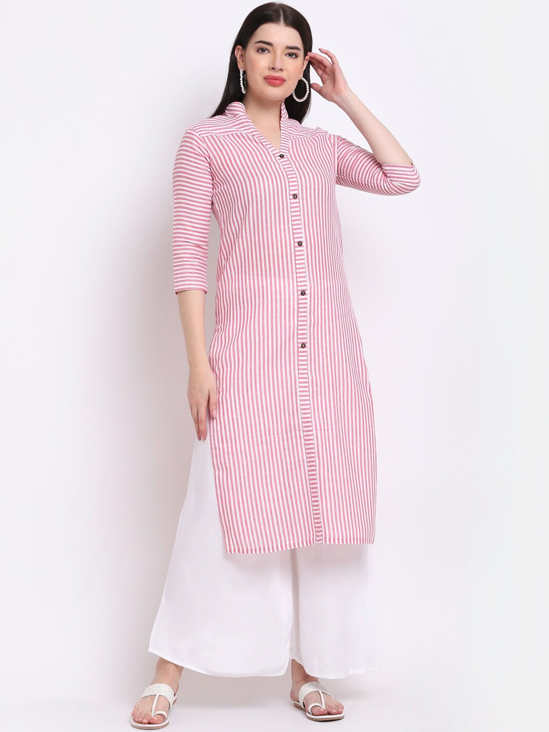 

Aarsha Women Pink Striped Printed Straight Fit Cotton Kurta