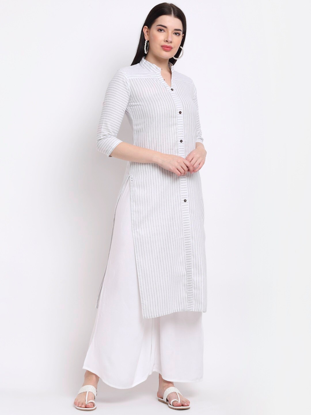 

Aarsha Women Grey Striped Printed Straight Cotton Kurta