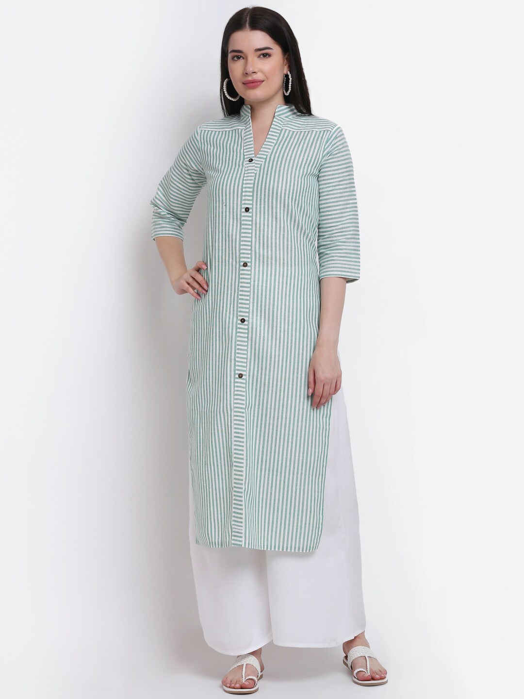 

Aarsha Women Green Striped Printed Straight Fit Cotton Kurta