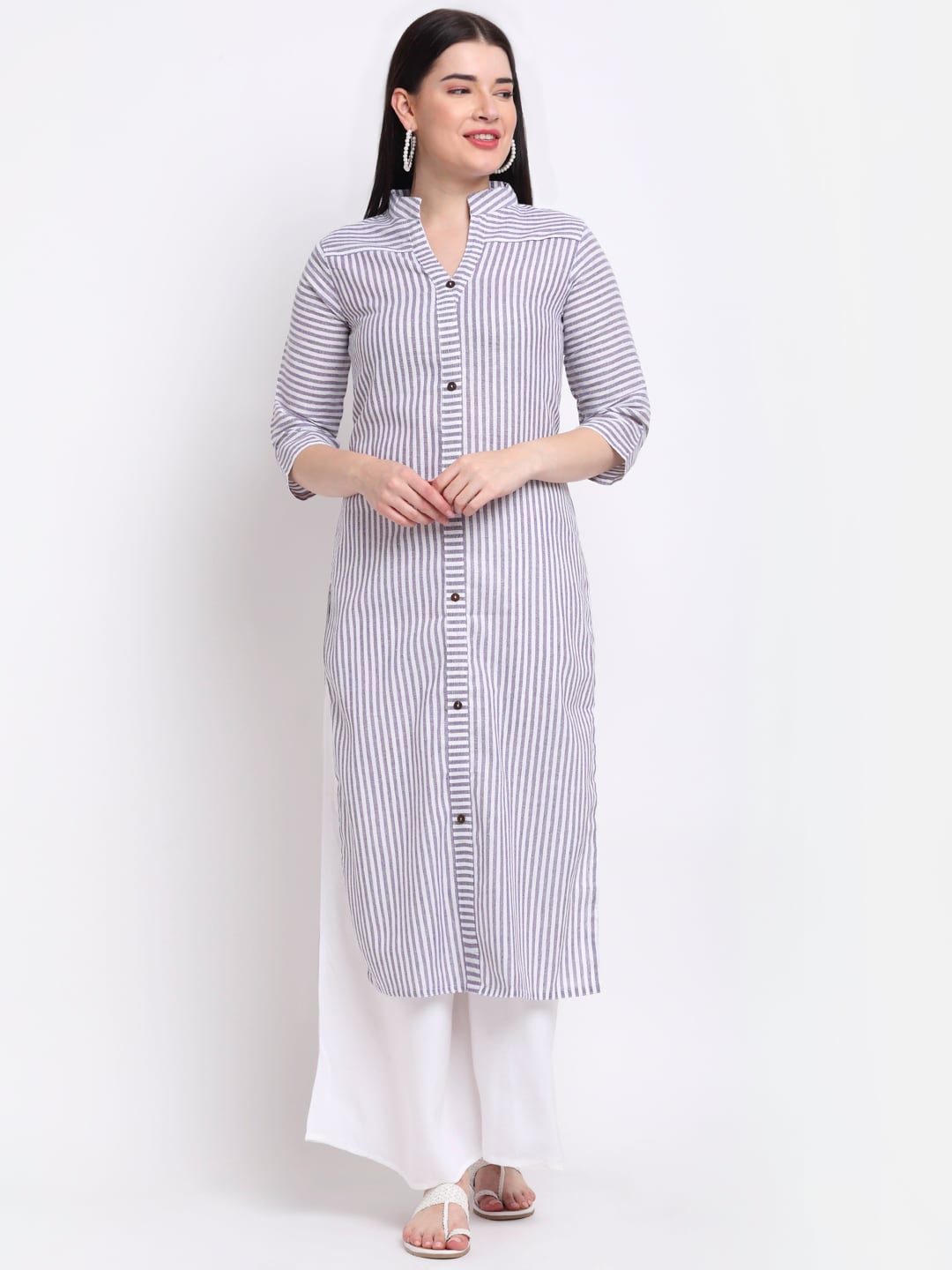 

Aarsha Women Blue Striped Straight Fit Cotton Kurta