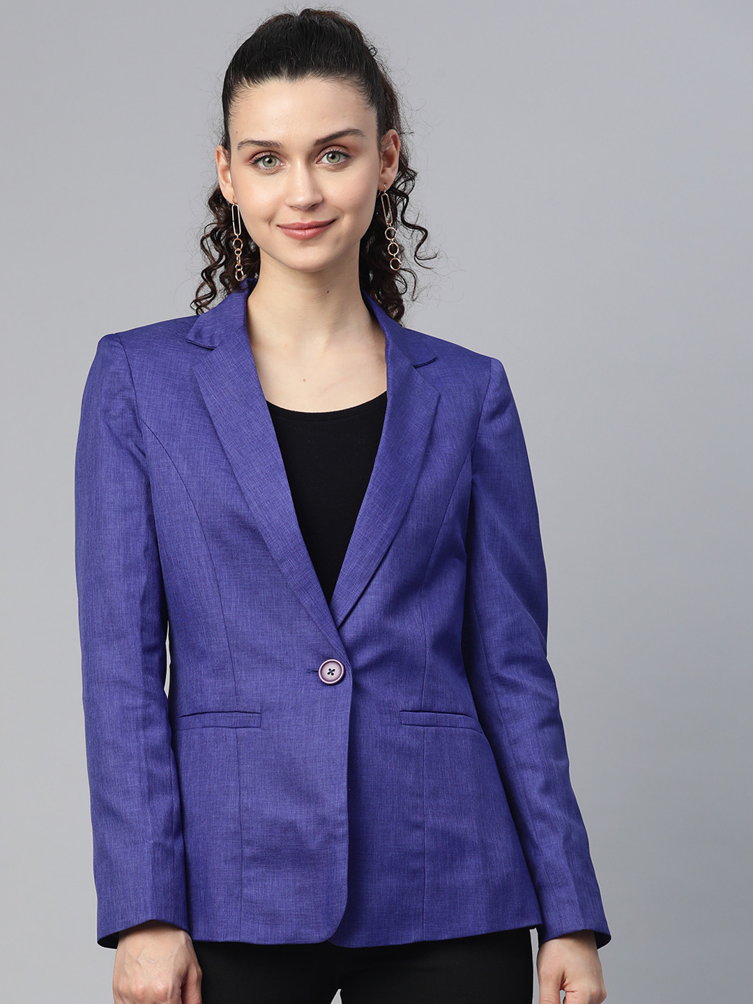 

PowerSutra Women Blue Solid Notched Lapel Single Breasted Tailored Fit Formal Blazer