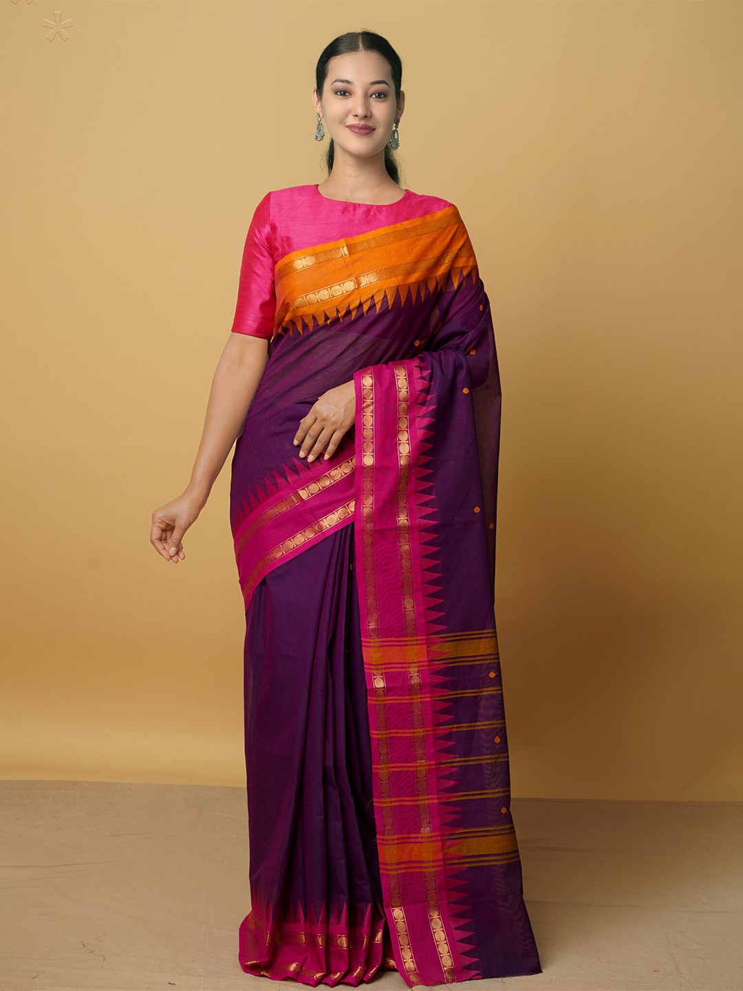 

Unnati Silks Purple & Pink Woven Design Zari Pure Cotton Kanjeevaram Saree