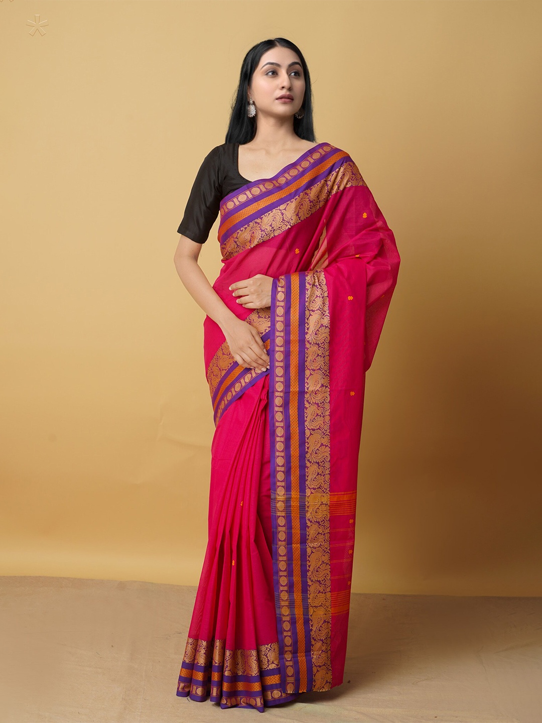 

Unnati Silks Pink & Purple Woven Design Zari Pure Cotton Kanjeevaram Saree