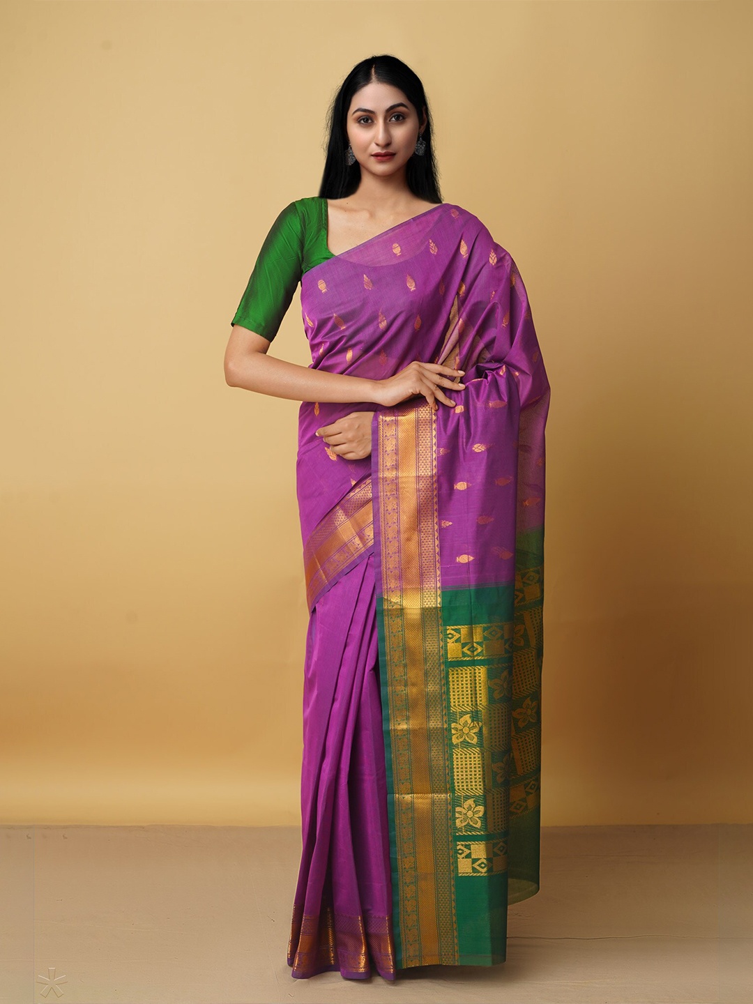 

Unnati Silks Purple & Green Woven Design Zari Pure Cotton Gadwal Saree
