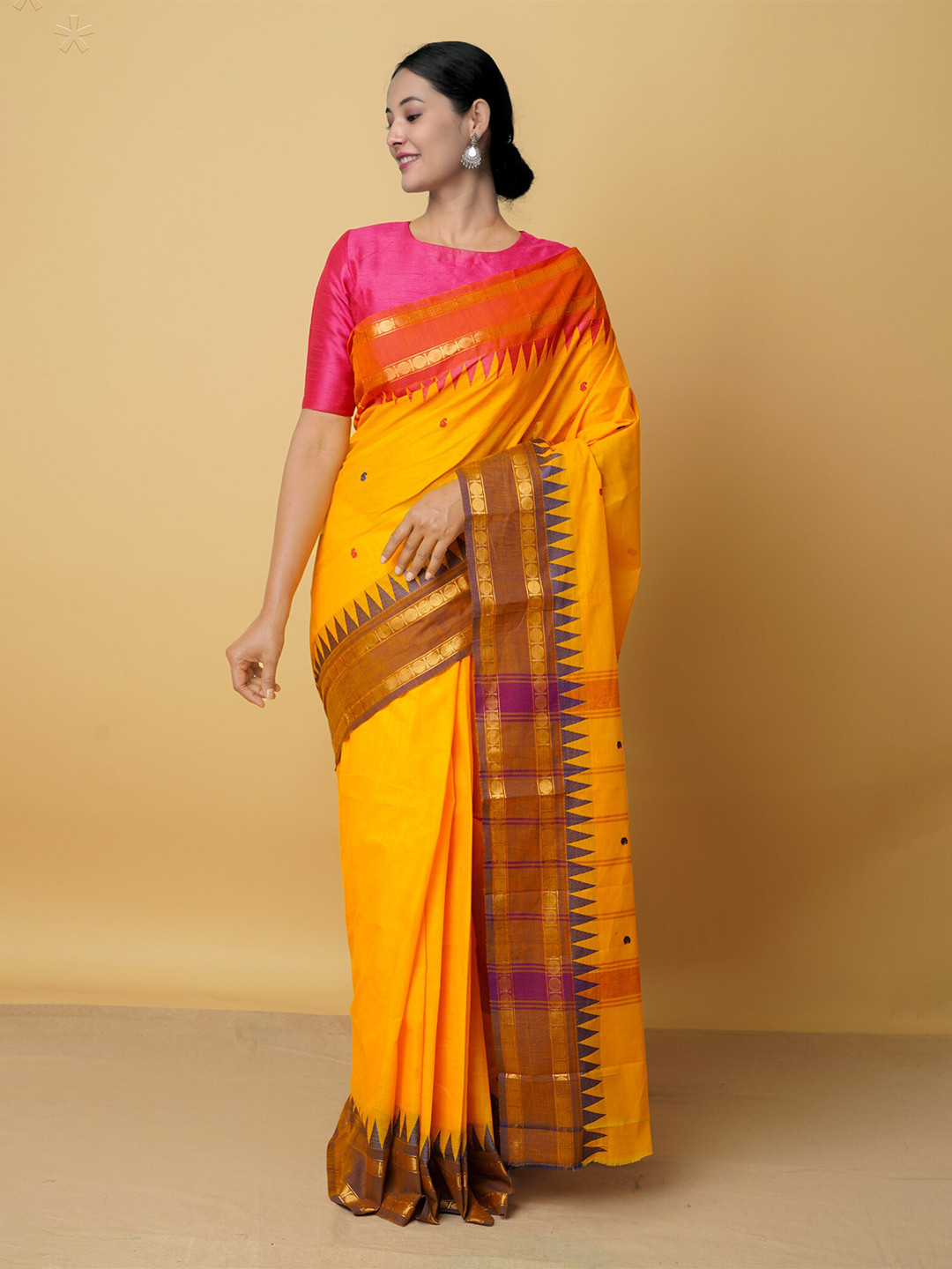 

Unnati Silks Yellow & Pink Woven Design Zari Pure Cotton Kanjeevaram Saree