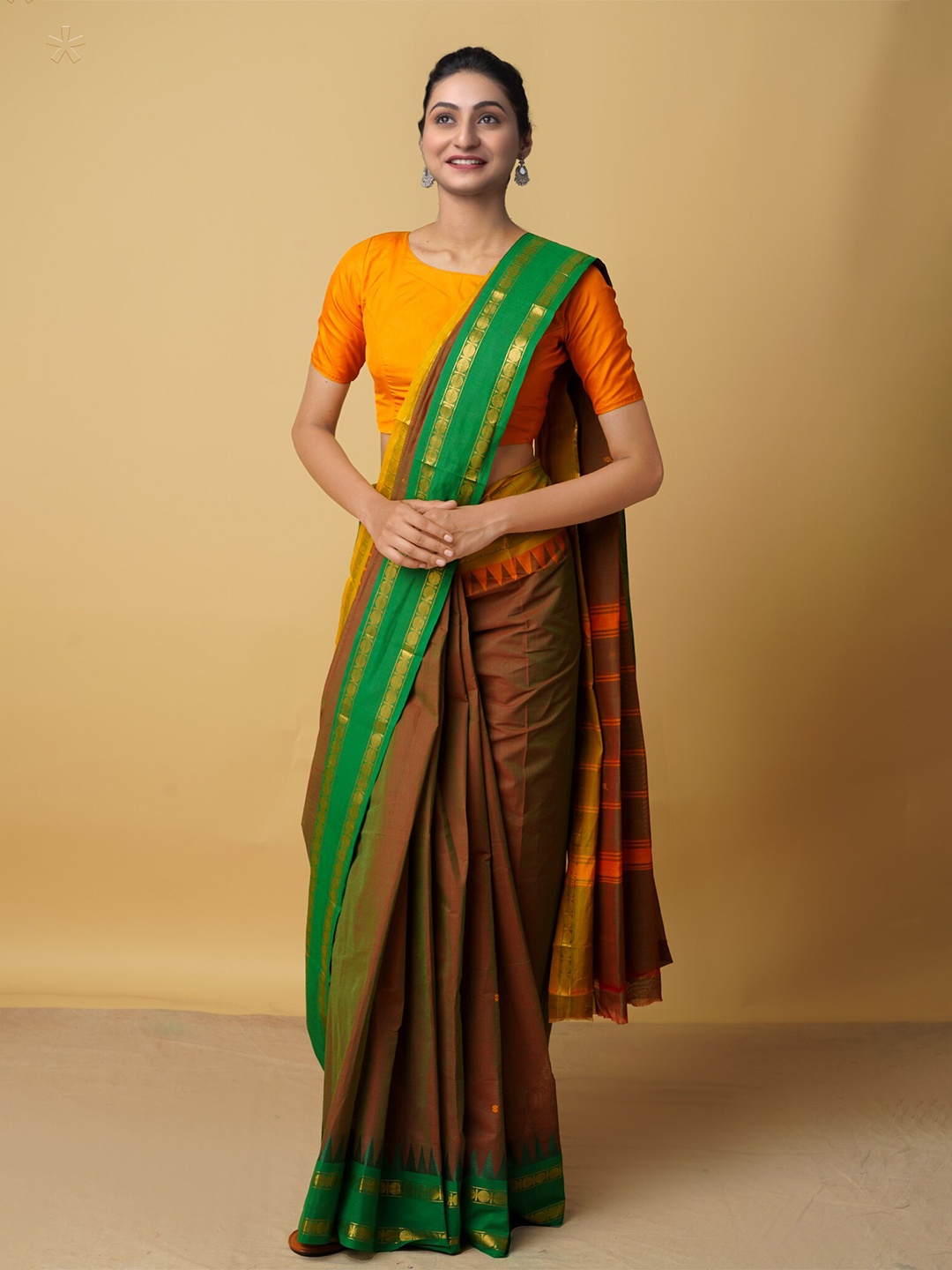 

Unnati Silks Brown & Green Woven Design Zari Pure Cotton Kanjeevaram Saree