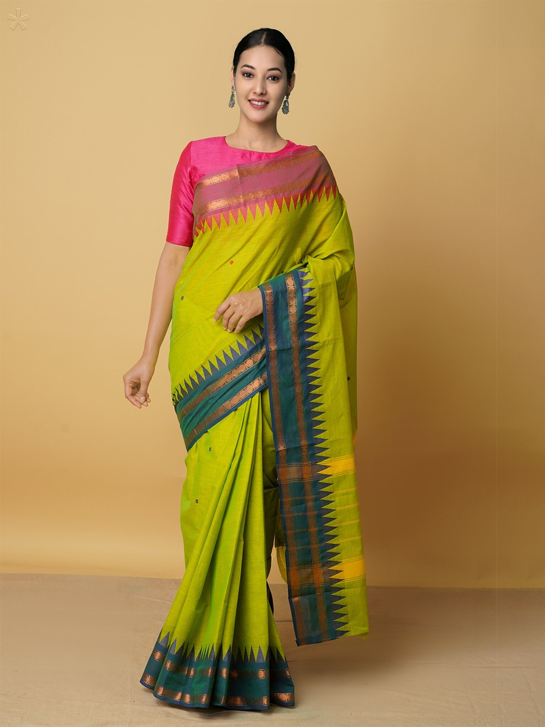 

Unnati Silks Green & Pink Woven Design Pure Cotton Kanjeevaram Saree