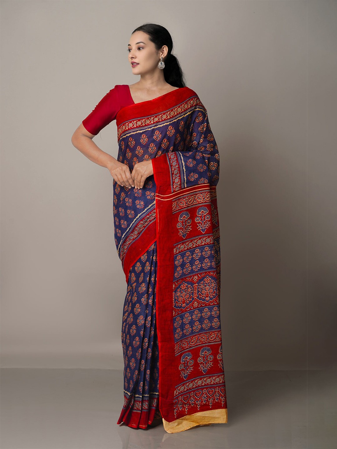 

Unnati Silks Blue & Red Ethnic Motifs Pure Cotton Kovai Saree