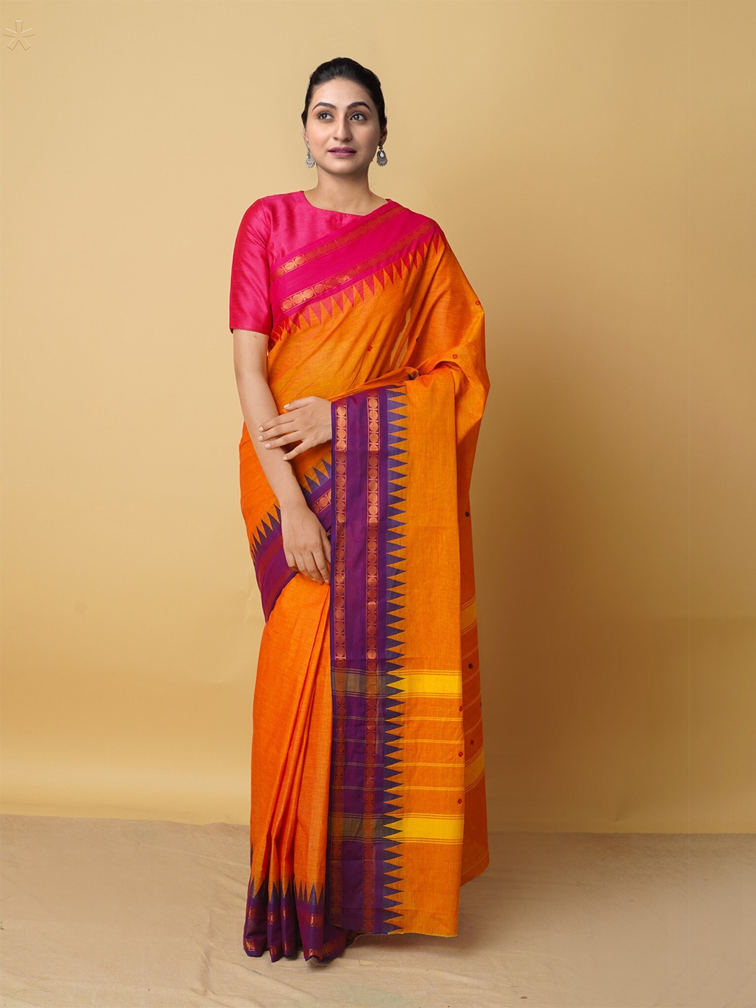 

Unnati Silks Orange & Blue Woven Design Pure Cotton Kanjeevaram Saree