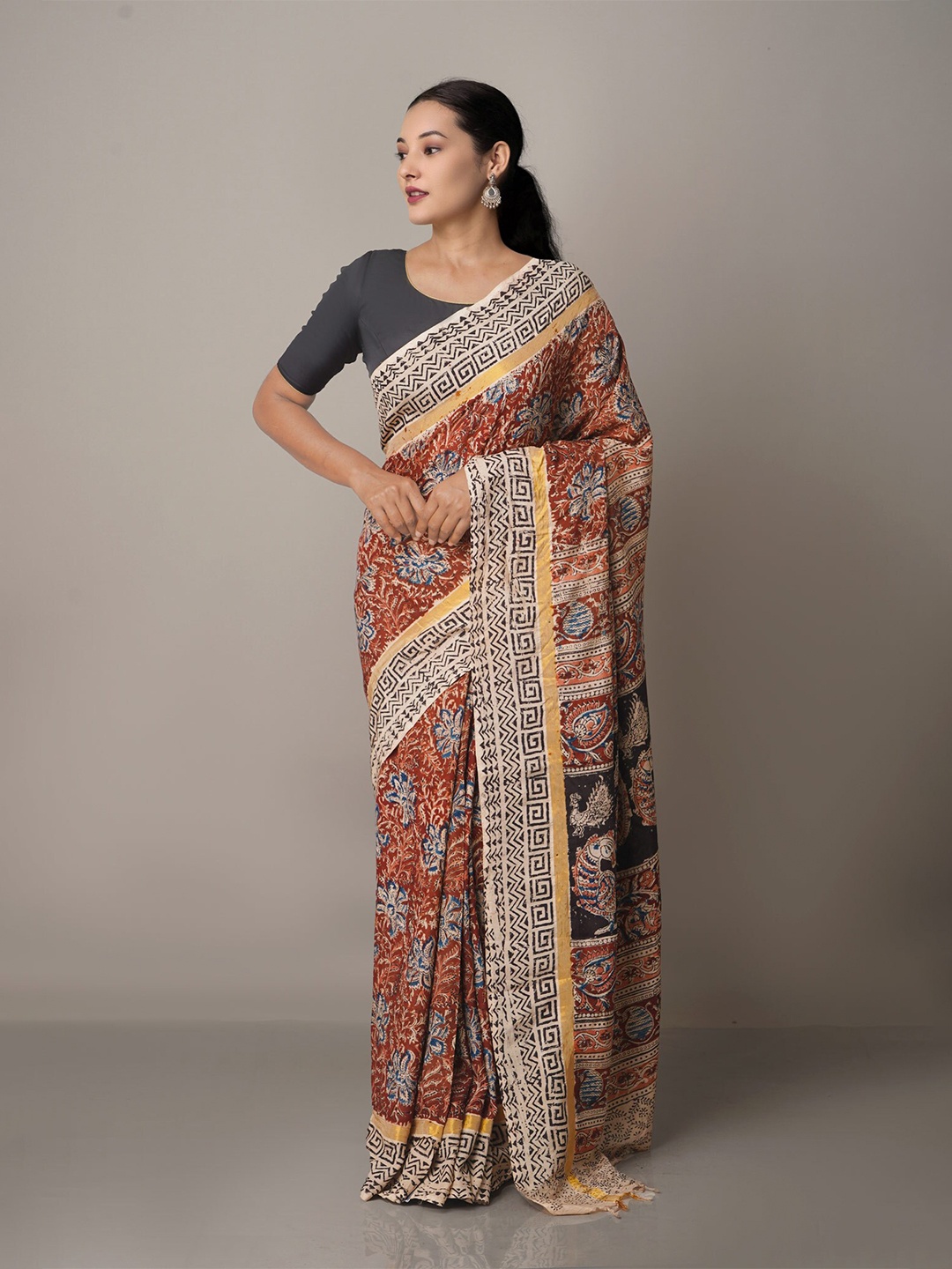 

Unnati Silks Red & Black Kalamkari Pure Silk Block Print Saree