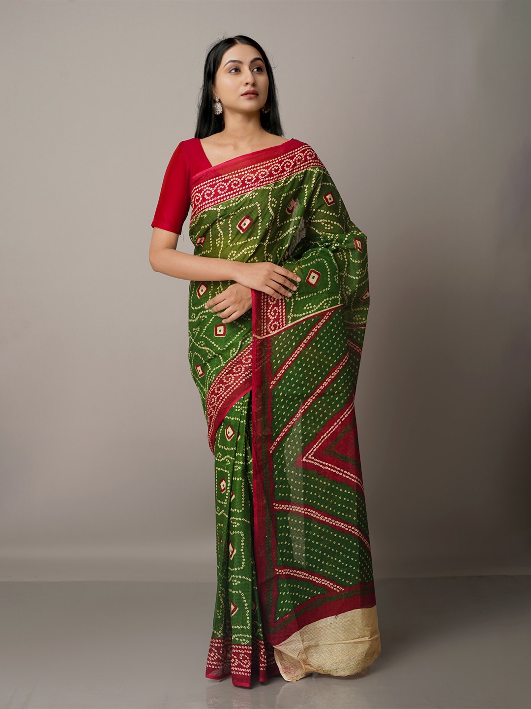 

Unnati Silks Green & Pink Bandhani Pure Cotton Kota Saree