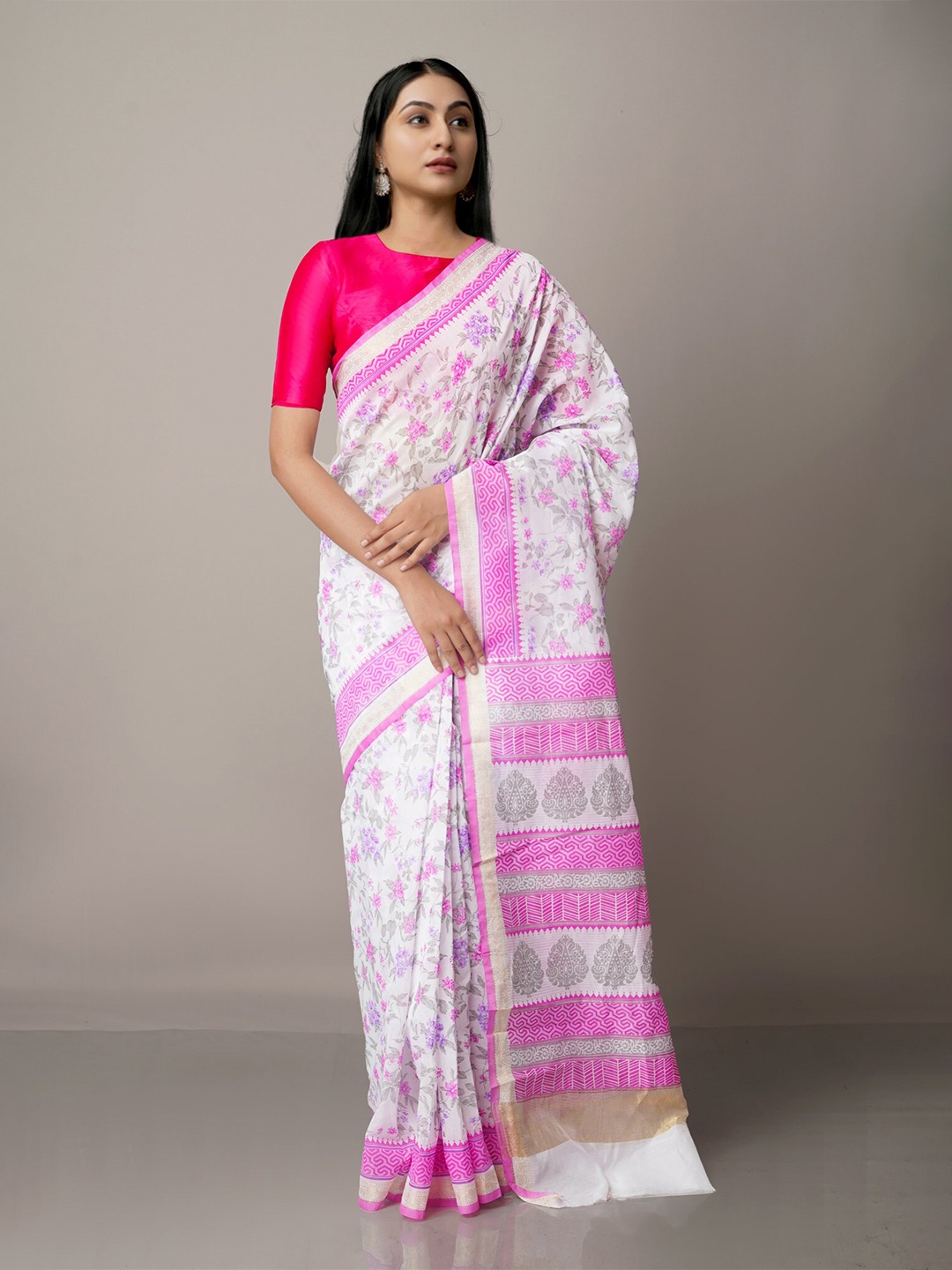 

Unnati Silks Cream-Coloured & White Ethnic Motifs Zari Silk Cotton Baluchari Saree