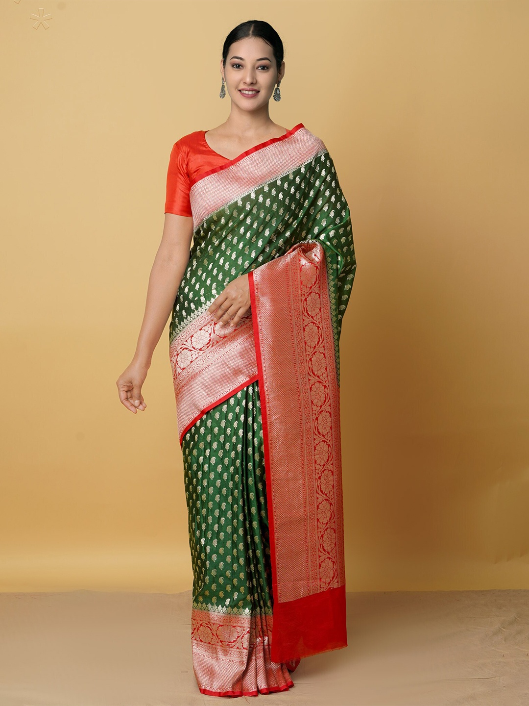 

Unnati Silks Green & Red Woven Design Zari Silk Cotton Kanjeevaram Saree