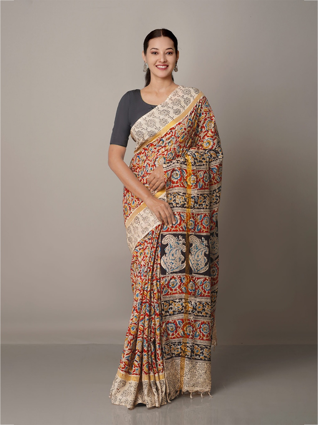 

Unnati Silks Red & Beige Kalamkari Pure Silk Block Print Saree
