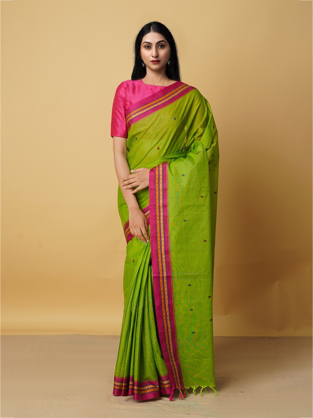 

Unnati Silks Green & Blue Woven Design Zari Pure Cotton Kanjeevaram Saree