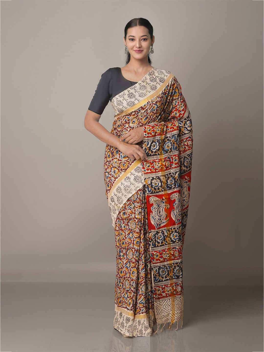 

Unnati Silks Brown & Blue Kalamkari Pure Silk Block Print Saree