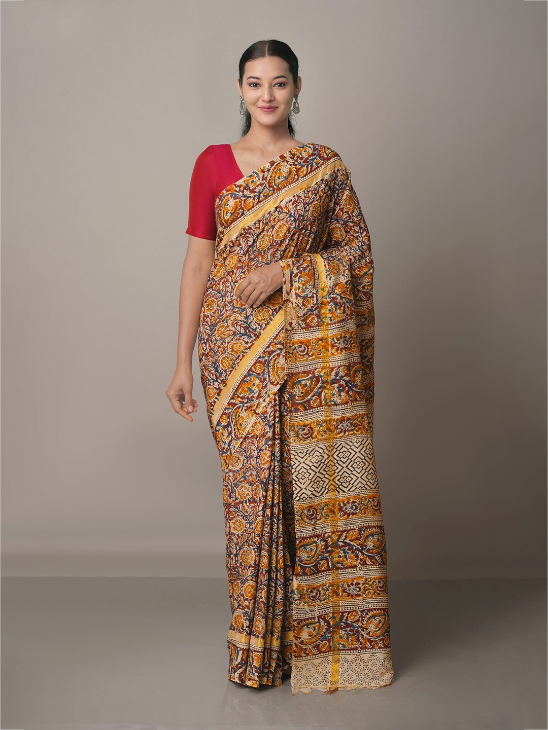 

Unnati Silks Mustard Yellow & Blue Kalamkari Pure Silk Block Print Saree