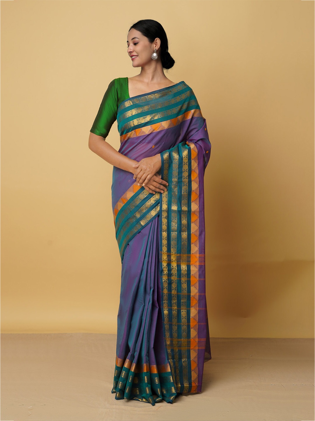 

Unnati Silks Purple & Orange Woven Design Pure Cotton Kanjeevaram Saree