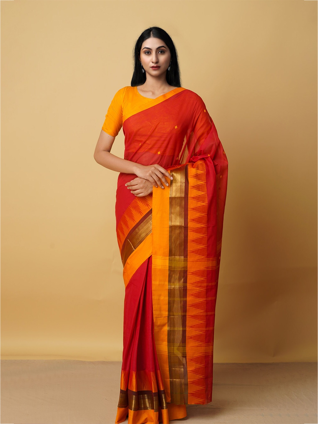 

Unnati Silks Red & Mustard Yellow Woven Design Zari Pure Cotton Kanjeevaram Saree