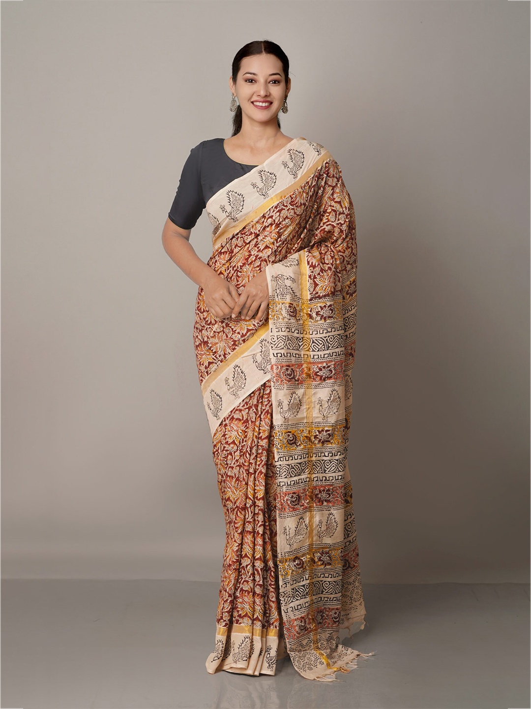 

Unnati Silks Brown & Cream-Coloured Kalamkari Pure Silk Block Print Saree