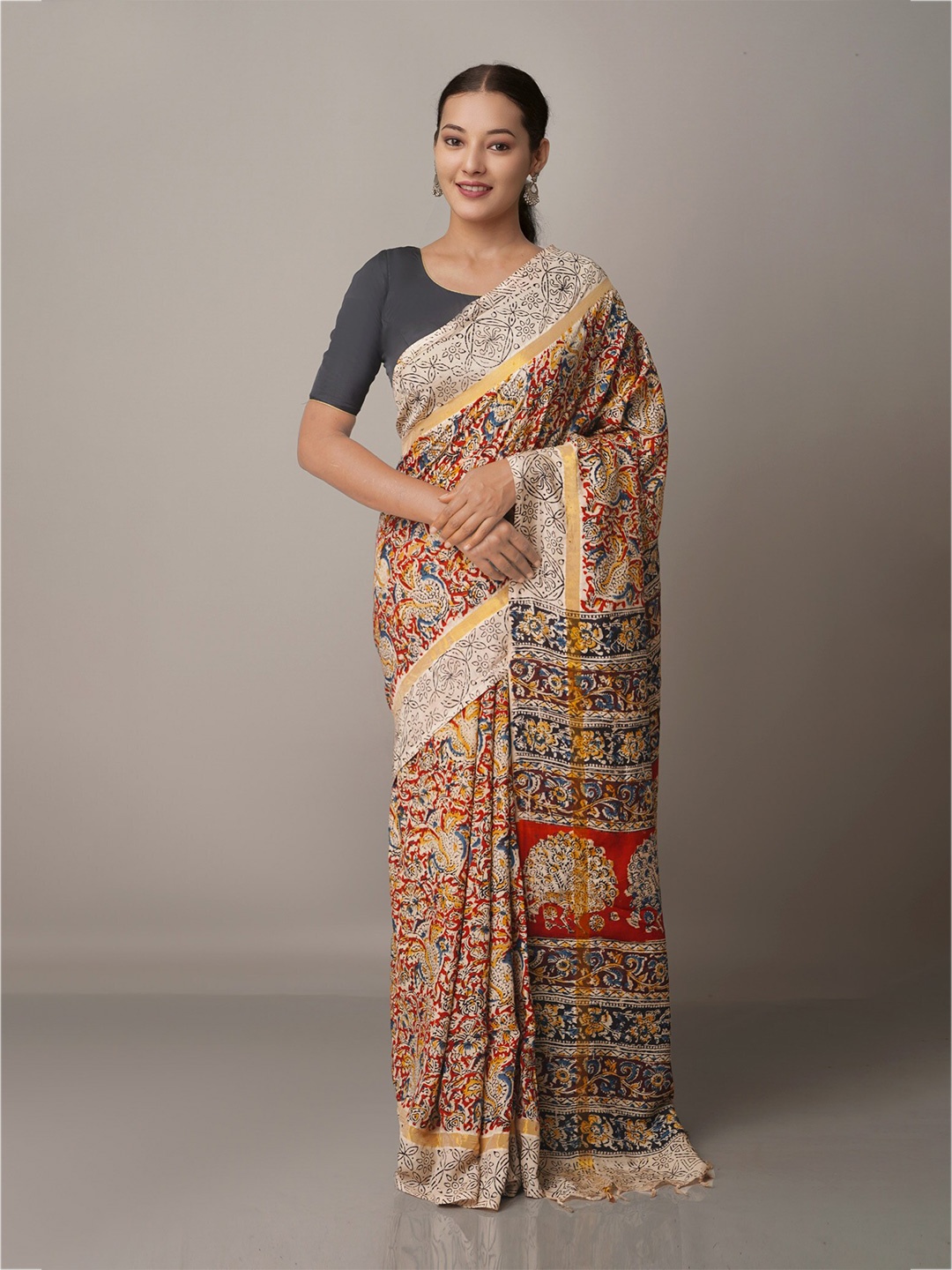 

Unnati Silks Brown & Blue Kalamkari Pure Silk Block Print Saree