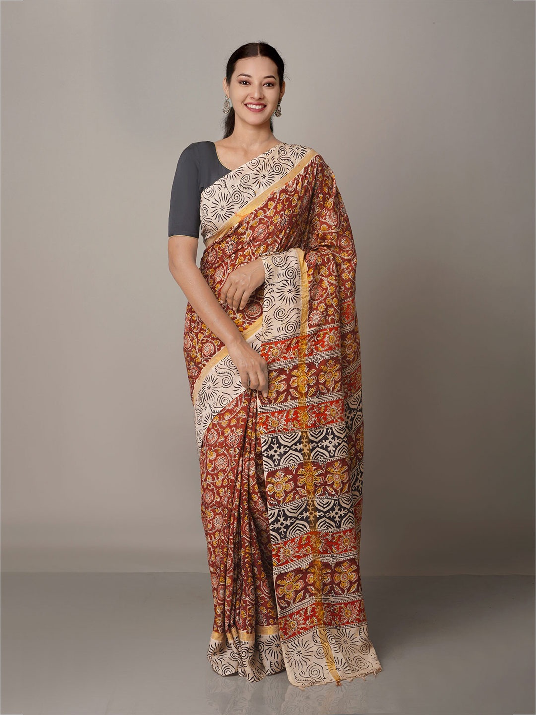 

Unnati Silks Red & Black Kalamkari Zari Pure Silk Block Print Saree