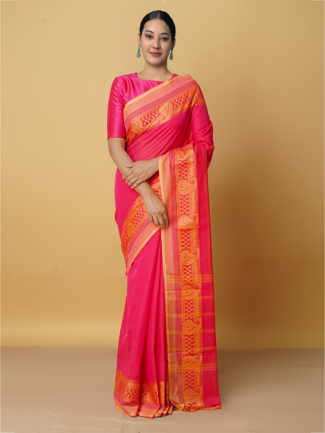 

Unnati Silks Pink & Orange Woven Design Pure Cotton Kanjeevaram Saree