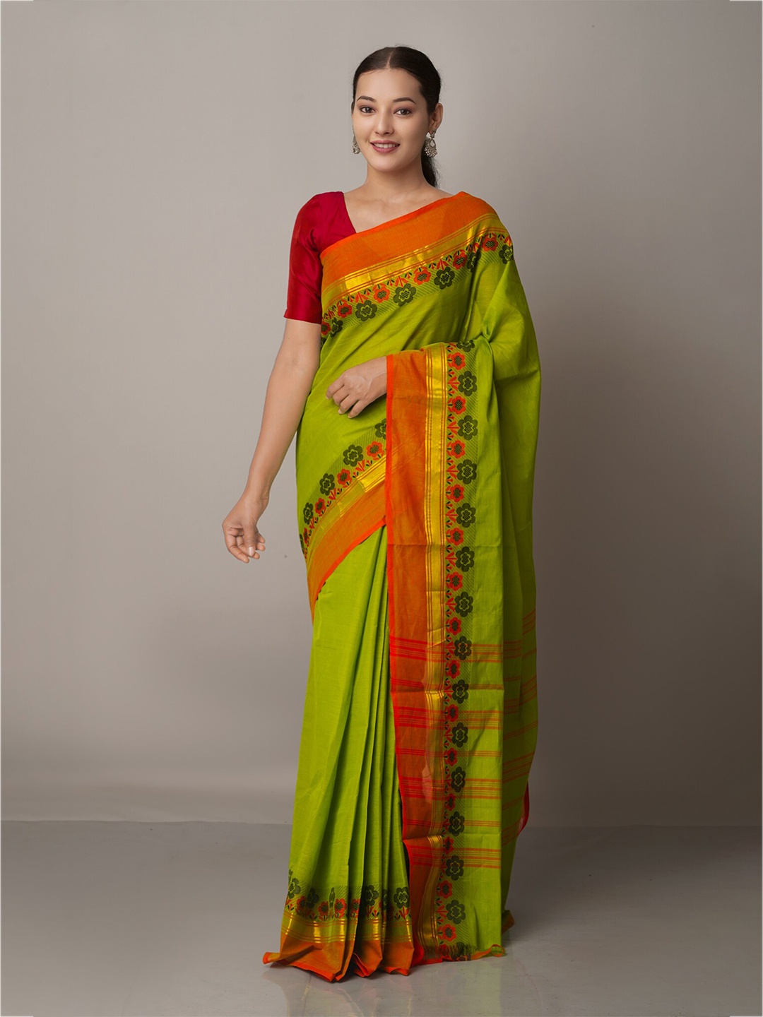 

Unnati Silks Green & Orange Woven Design Zari Pure Cotton Kanjeevaram Saree