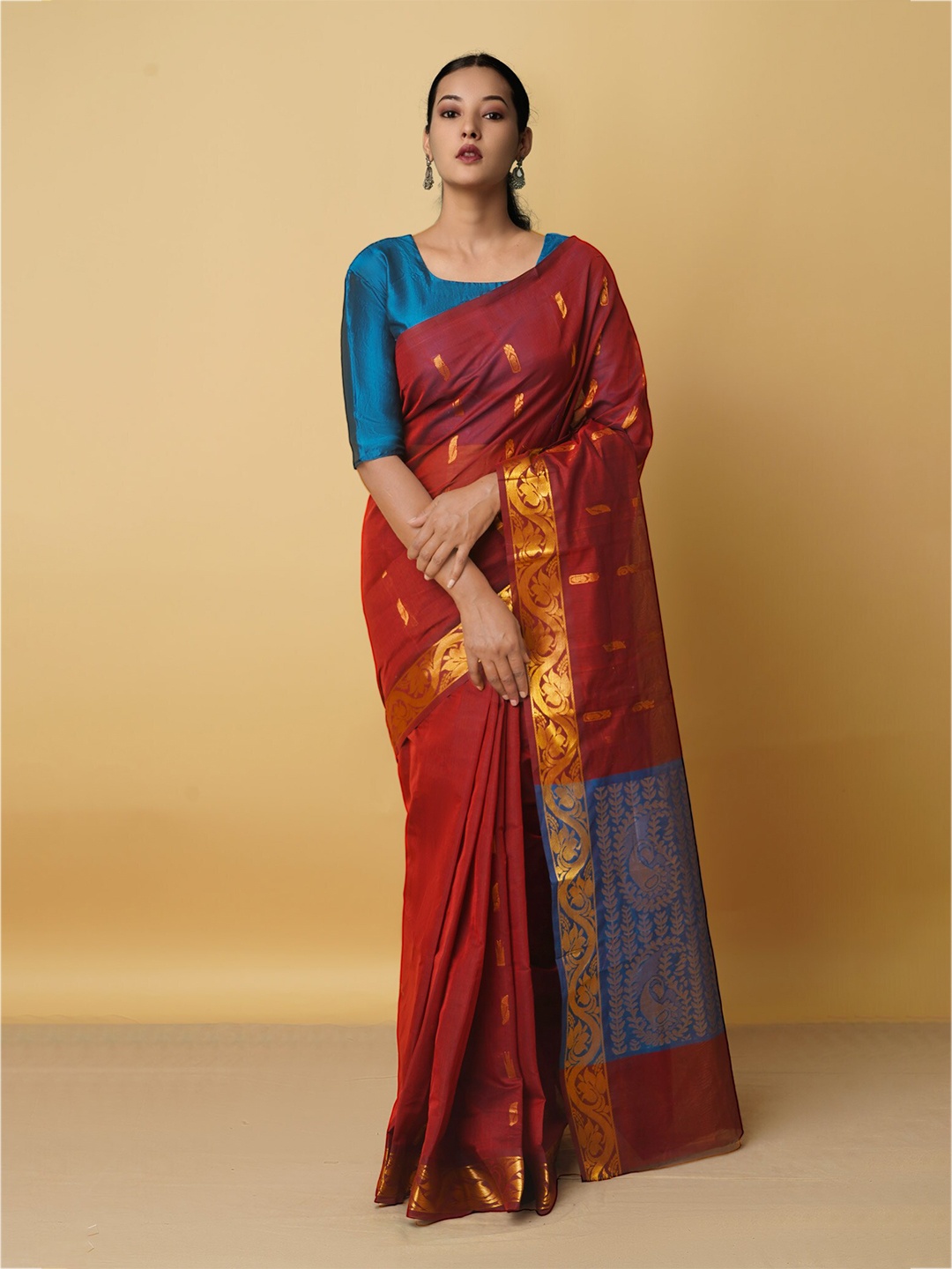 

Unnati Silks Maroon & Blue Woven Design Zari Pure Cotton Gadwal Saree