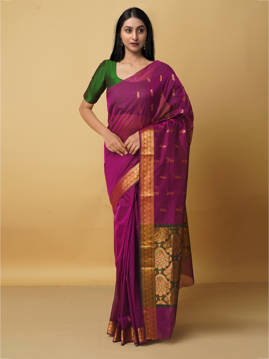 

Unnati Silks Purple & Green Woven Design Zari Pure Cotton Gadwal Saree