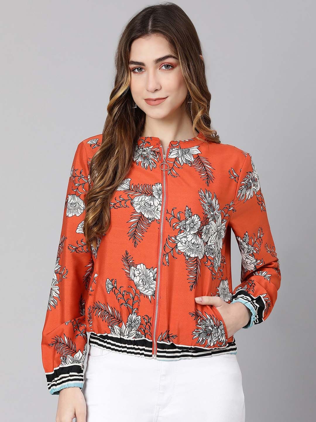 

Oxolloxo Women Orange White Floral Bomber Jacket