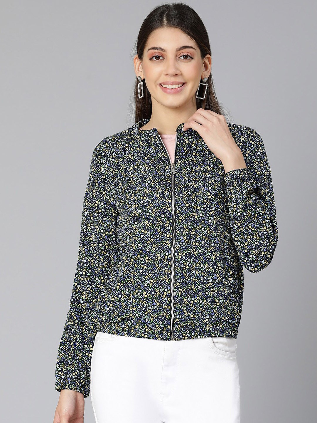 

Oxolloxo Women Black Yellow Floral Crop Bomber Jacket