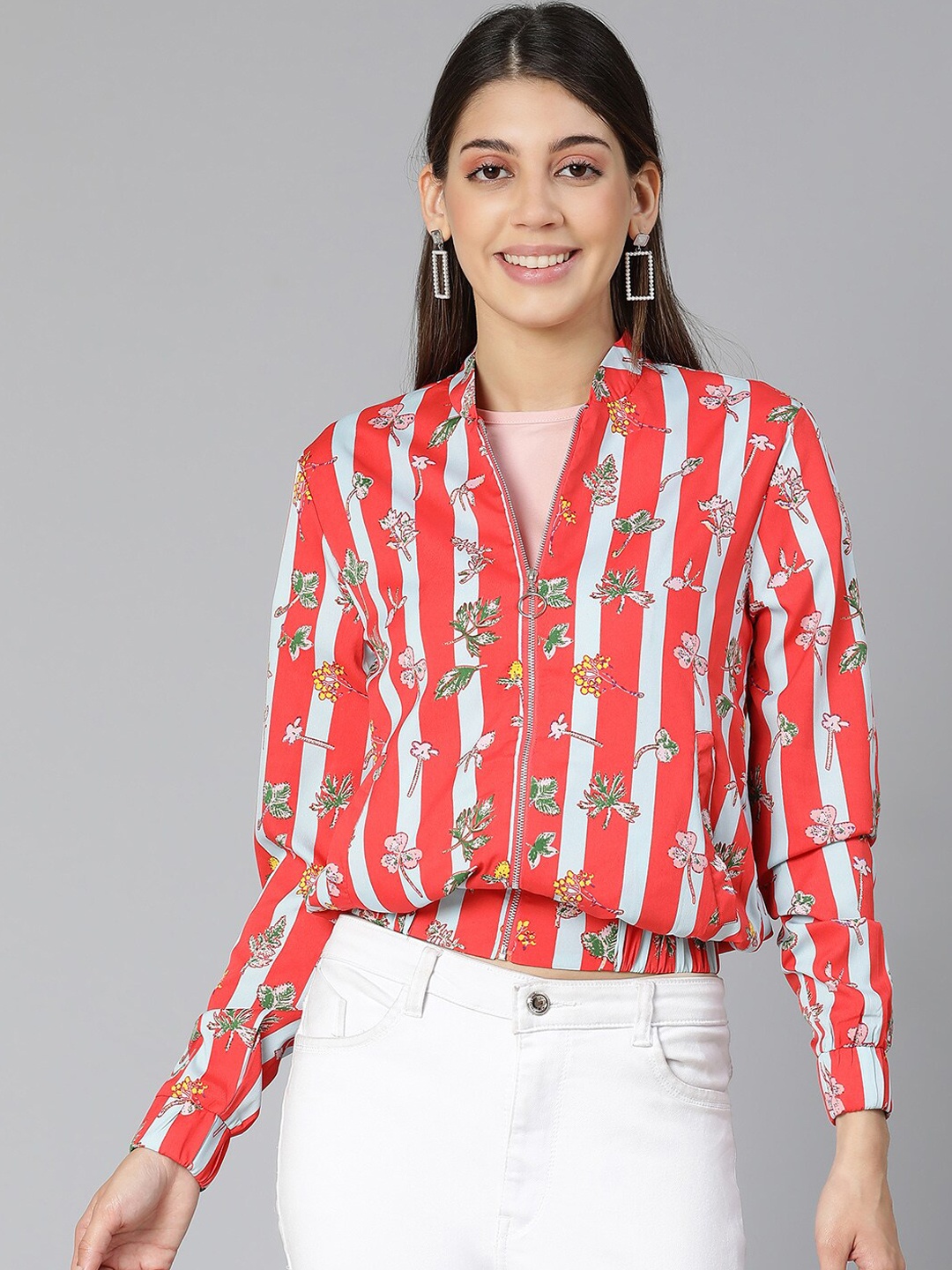 

Oxolloxo Women Red White Floral Crop Bomber Jacket