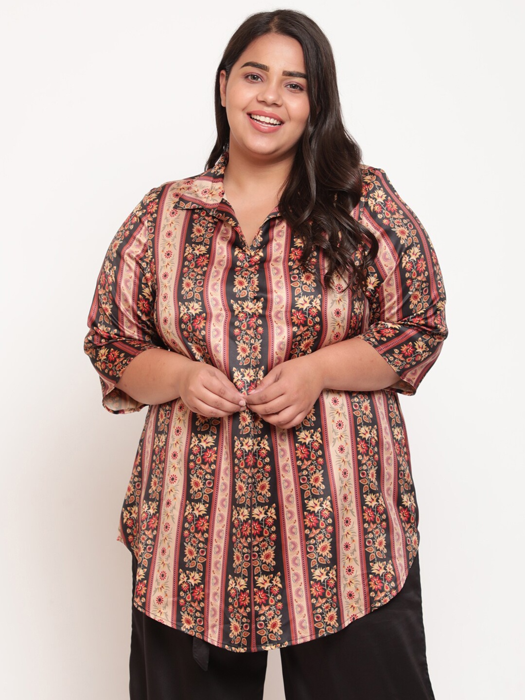 

Amydus Beige Print Shirt Style Plus Size Top