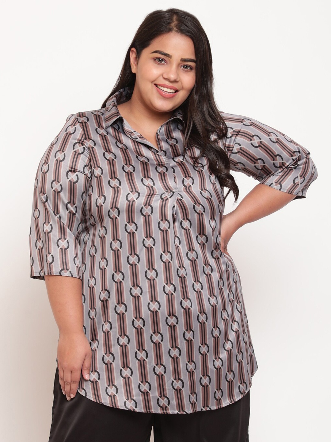 

Amydus Grey Print Shirt Style Plus Size Top