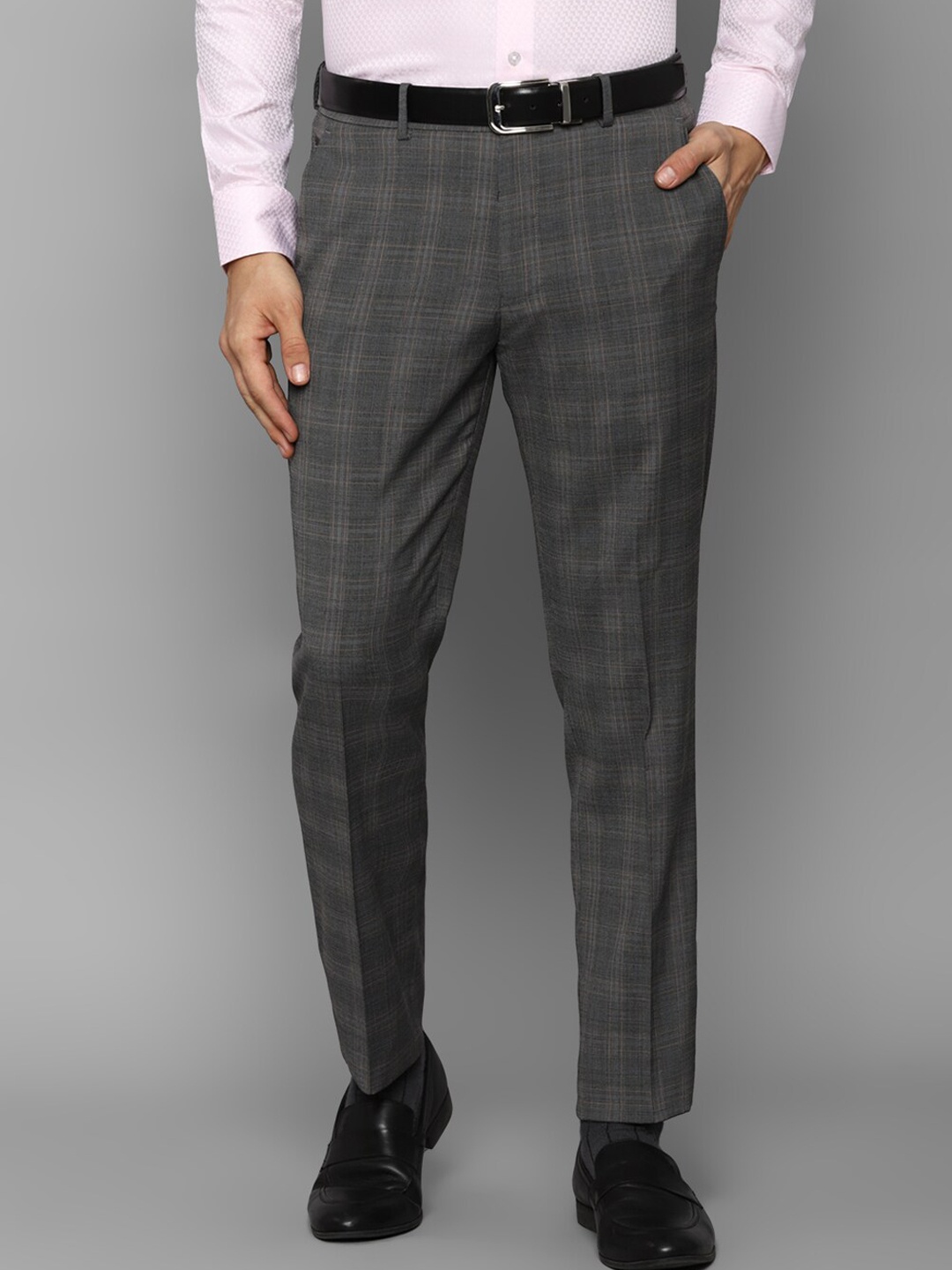 

Louis Philippe Men Grey Checked Slim Fit Trousers