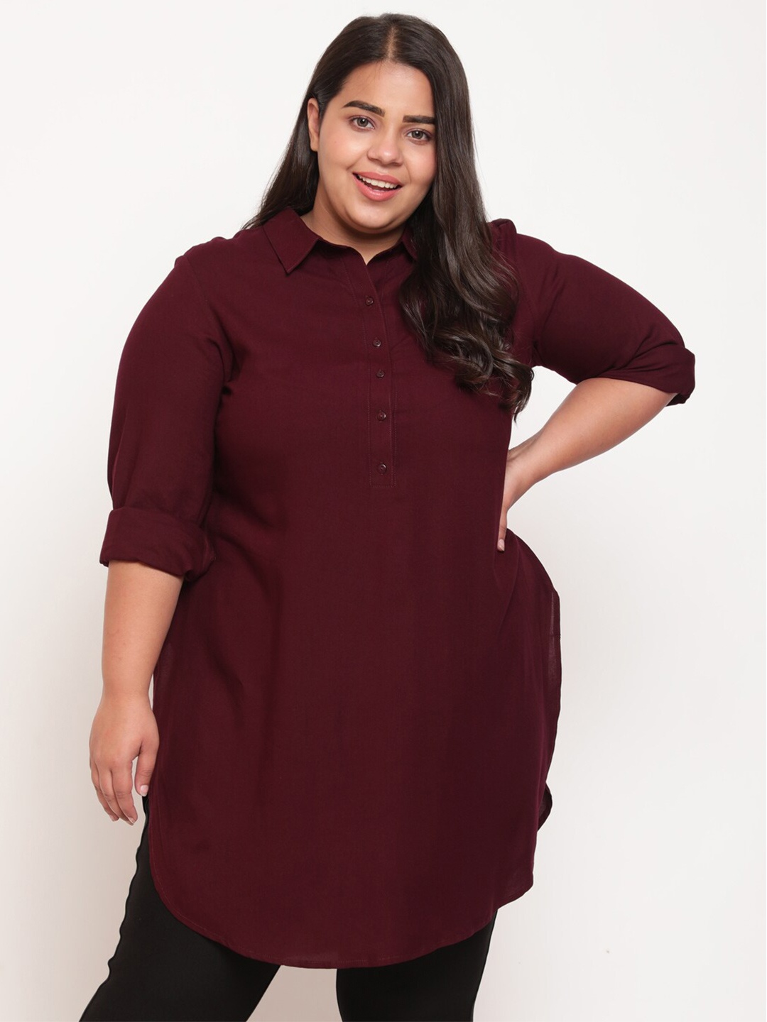 

Amydus Women Plus Size Maroon Longline Casual Shirt