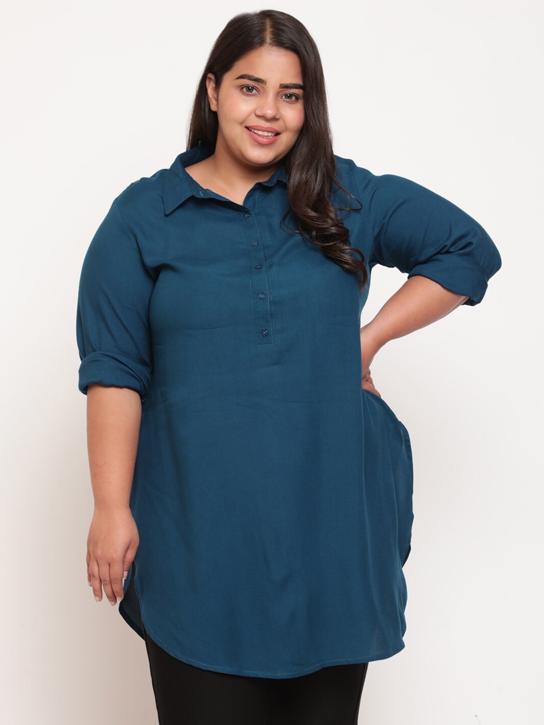 

Amydus Women Plus Size Teal Blue Longline Casual Shirt