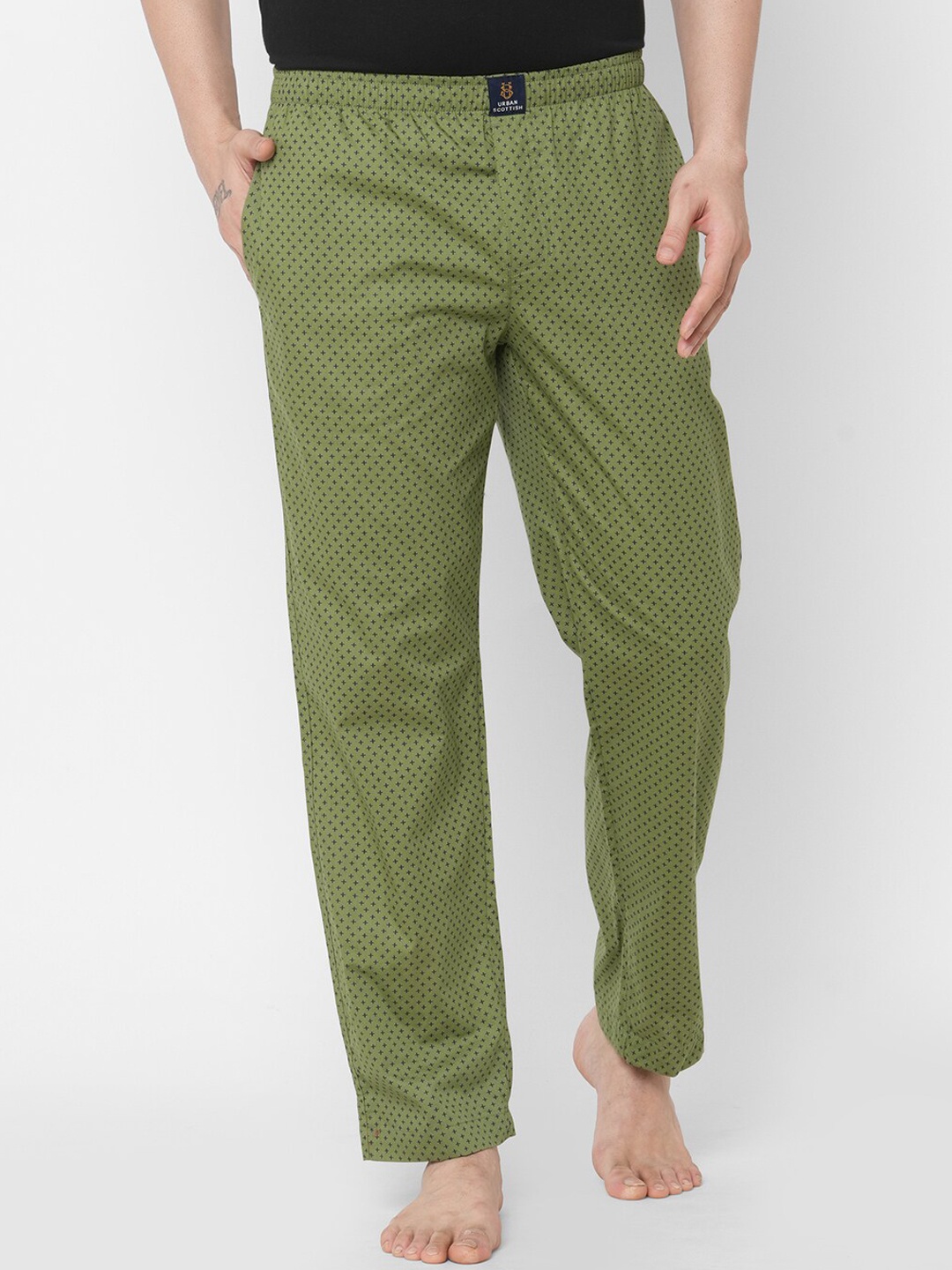 

URBAN SCOTTISH Men Olive Green Printed Pure Cotton Lounge Pants