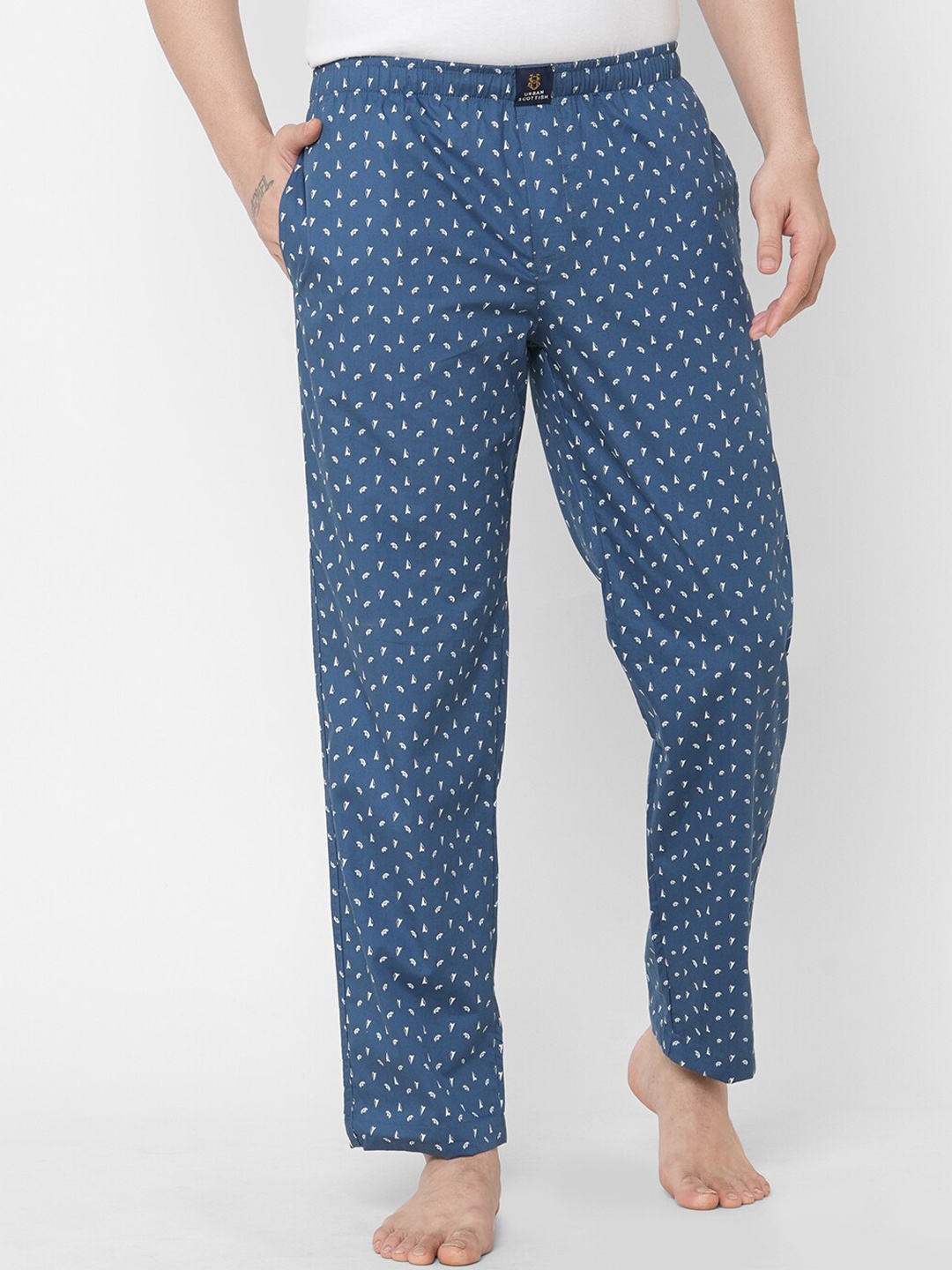 

URBAN SCOTTISH Men Blue Printed Pure Cotton Lounge Pants