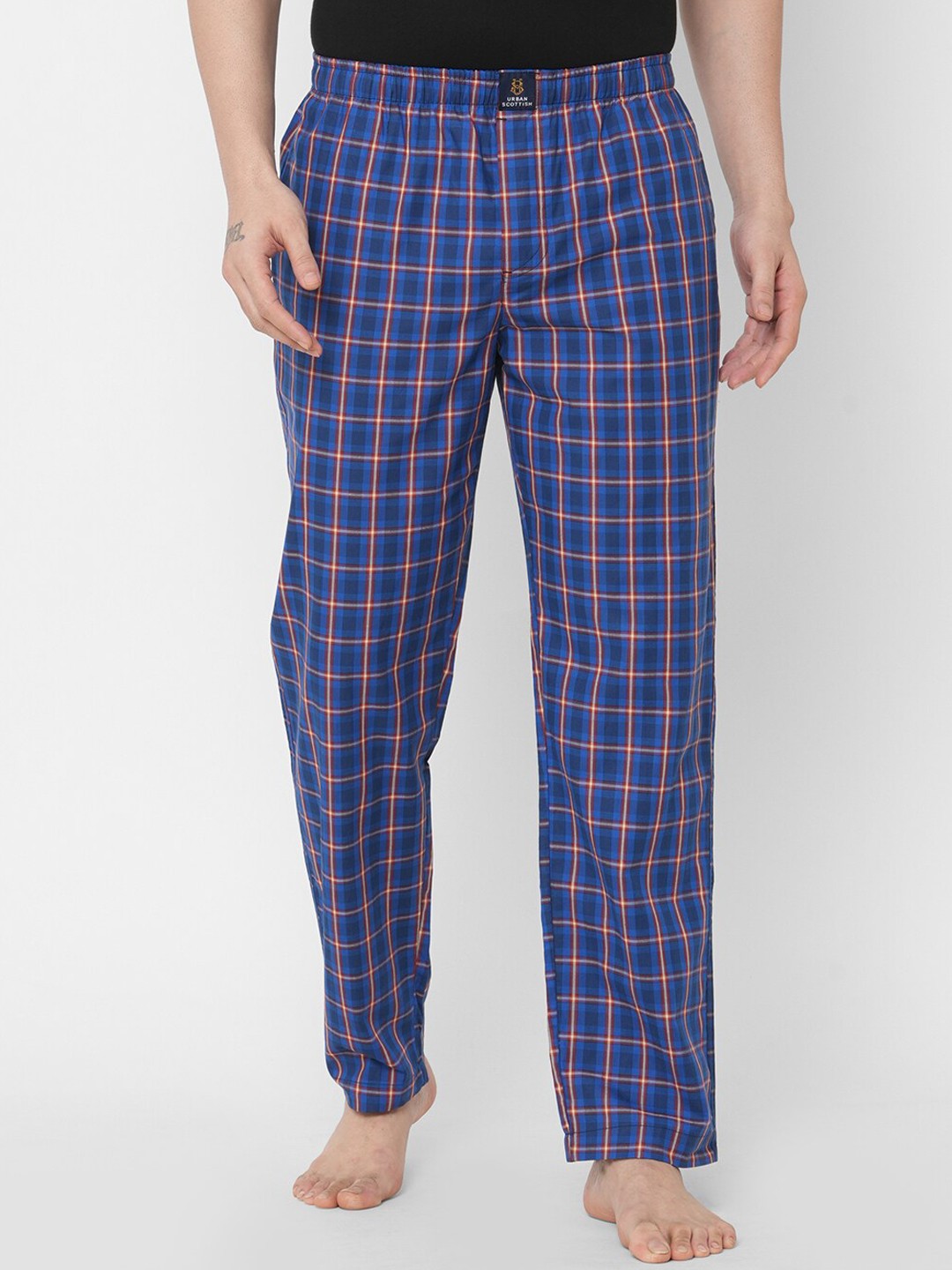 

URBAN SCOTTISH Men Blue Checked Pure Cotton Lounge Pants