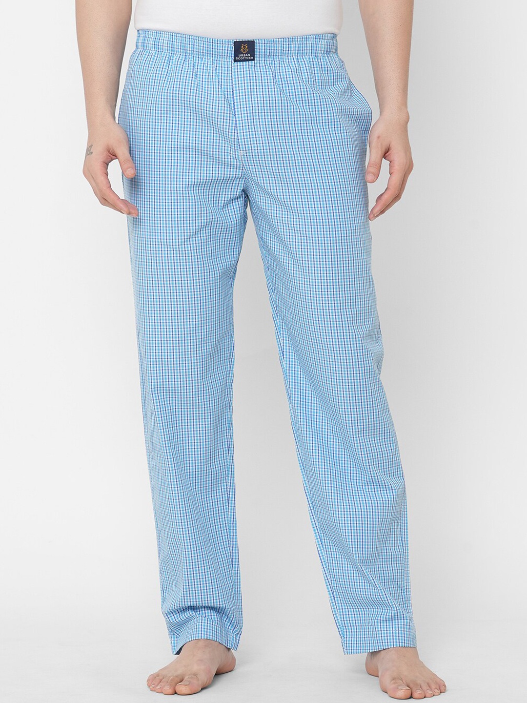 

URBAN SCOTTISH Men Blue Checked Pure Cotton Lounge Pants